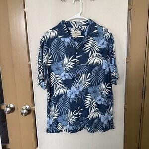Island‎ Shores Men's Large Blue White Hawaiian Short Sleeve Button Up Shirt